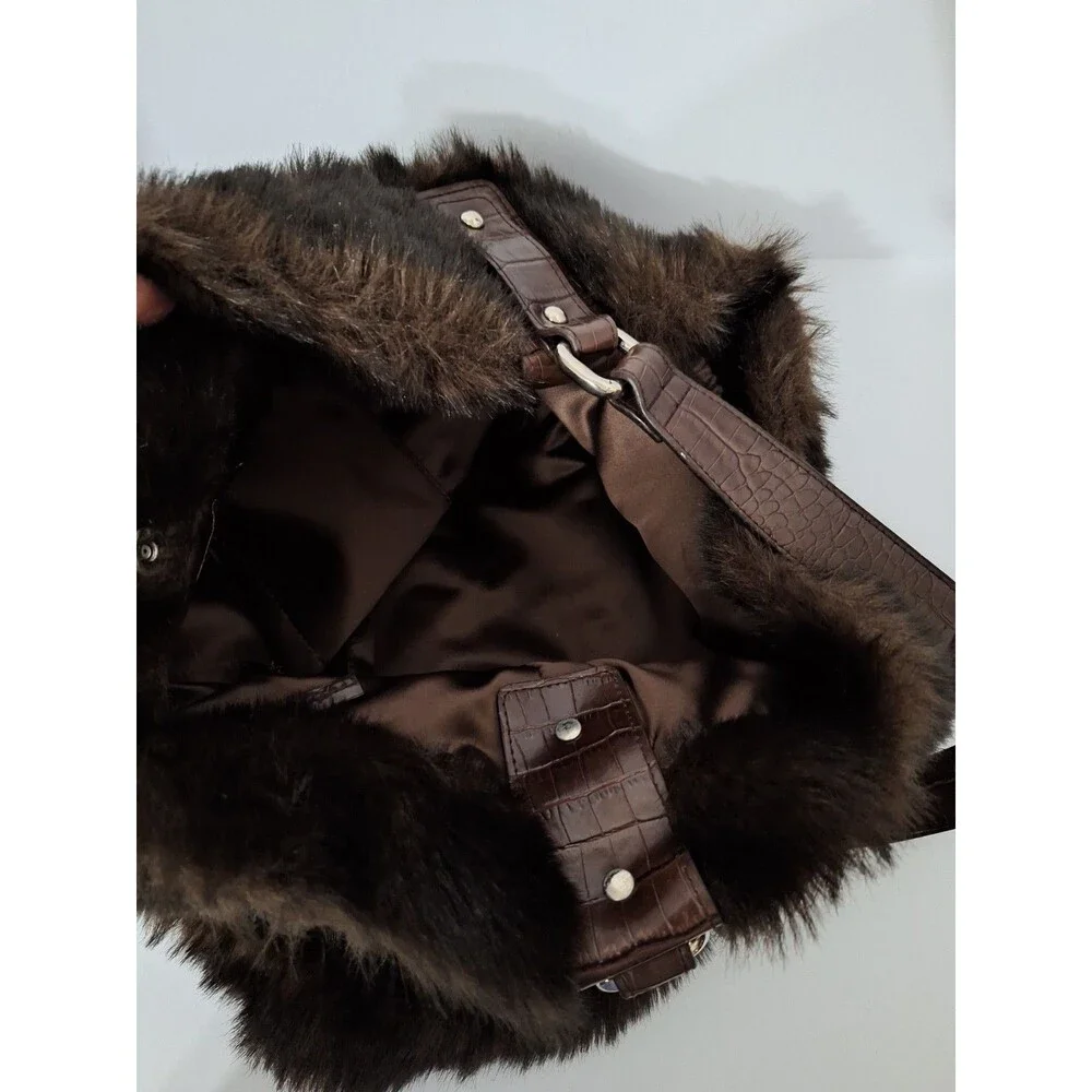 Bath & Body Works Faux Fur Purse Brown Shoulder Bag Oversized Vtg Y2K Style Hobo